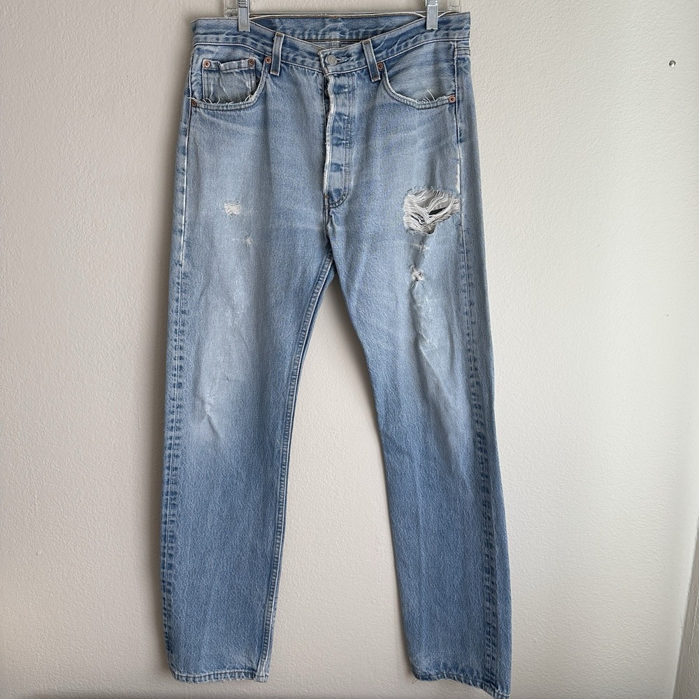 Levi's 501XX Jeans Mens 32x34 Light Wash Blue Made in USA Distressed Button Fly